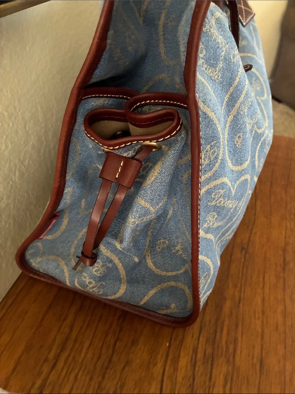 Dooney & Bourke rare vintage Blue Heart-denim leather trim tote bag